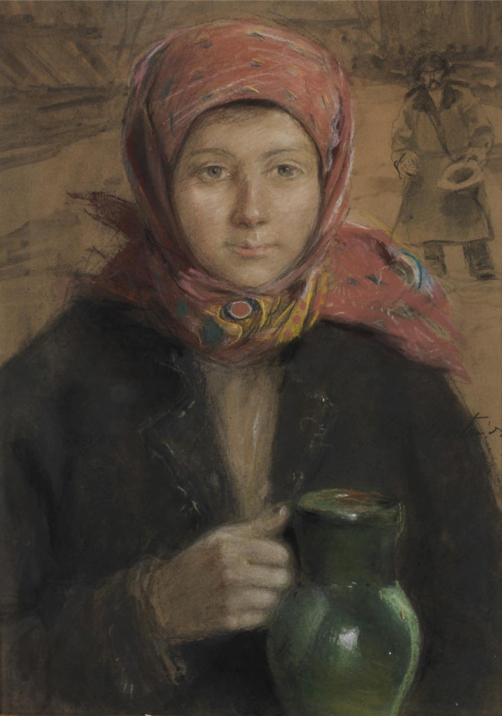 Teodor Axentowicz comparable auction result: teodor axentowicz polish 1859 1938 hutsul girl with a green jug