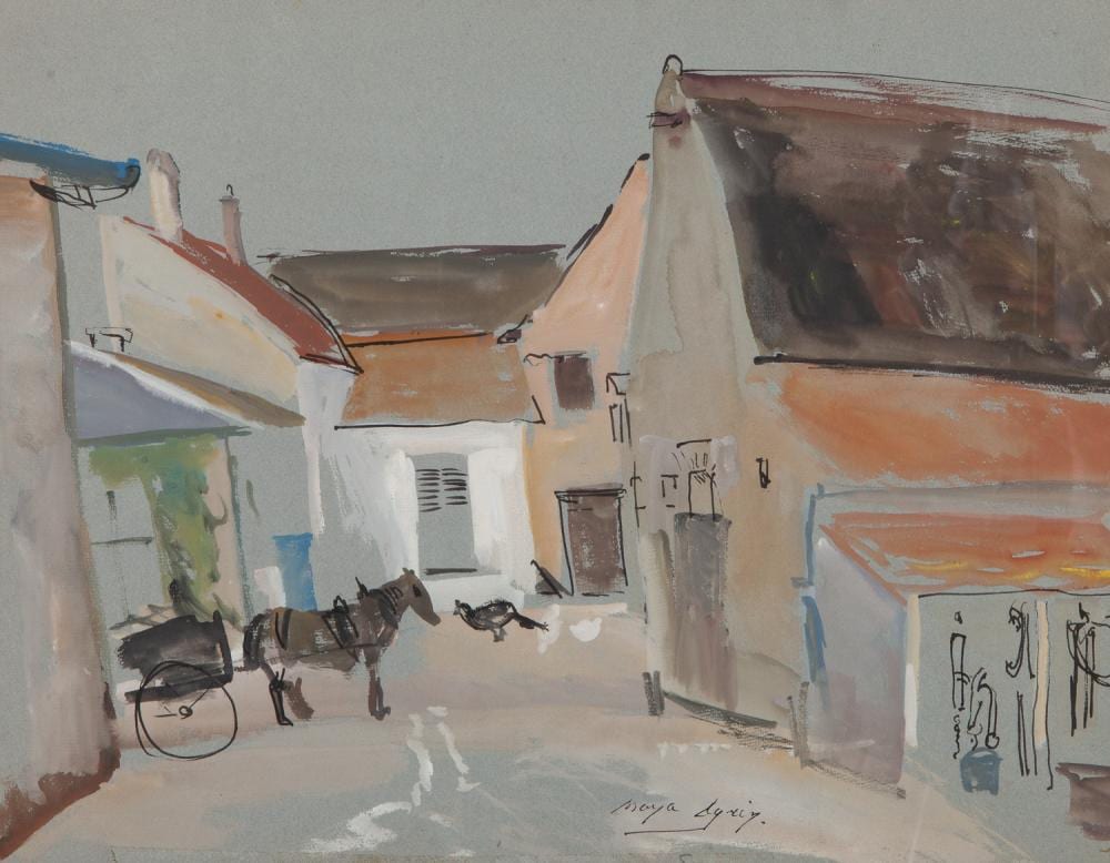 Moya Dyring comparable auction result: moya dyring parisian street scene ink and gouache