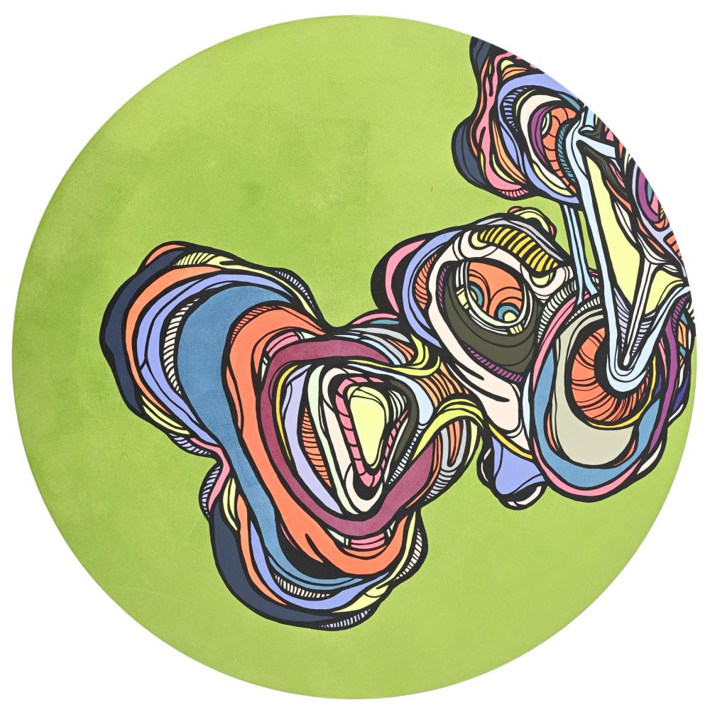 Jean-Luc Moerman comparable auction result: jean luc moerman 1967 hybride 2004 huile et acrylique sur toile sign e monogramm e dat e et titr e au verso dia 120 cm