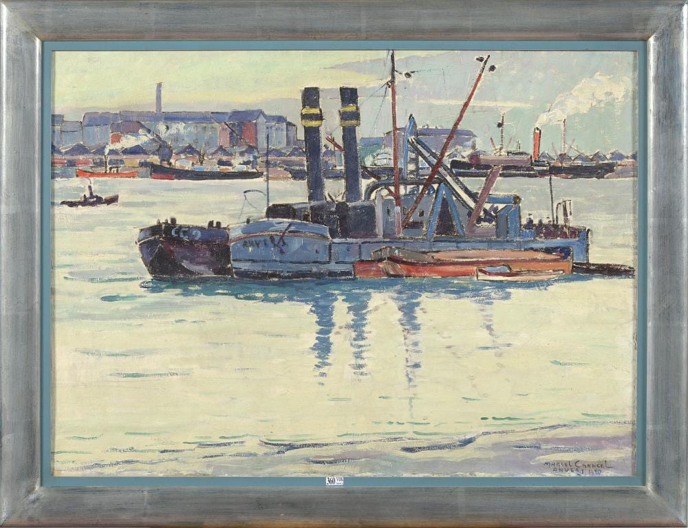 Marcel Canneel comparable auction result: huile sur toile vue du port d anvers sign en b