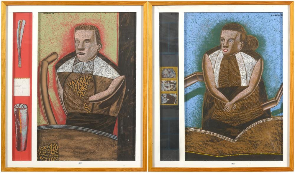 Dario Caterina comparable auction result: paire d acryliques sur carton portraits de couple
