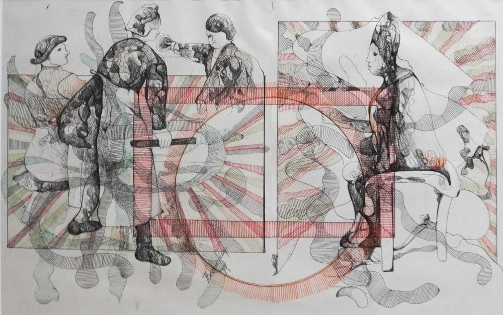 Naum Knop comparable auction result: naum knop argentinian 1917 1993 abstract with figures 1979 mixed media on paper frame 24 x 33 in 61 x 83 8 cm