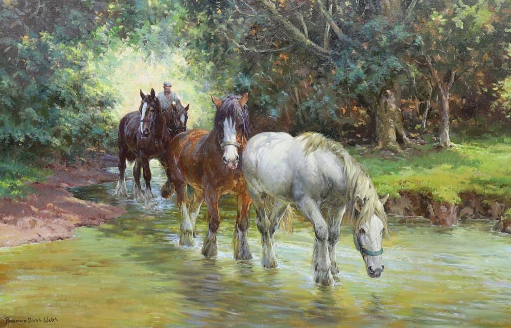 Rosemary Sarah Welch comparable auction result: rosemary sarah welch english b 1946 horses crossing a stream oil on canvas 65 x 100cm unframed