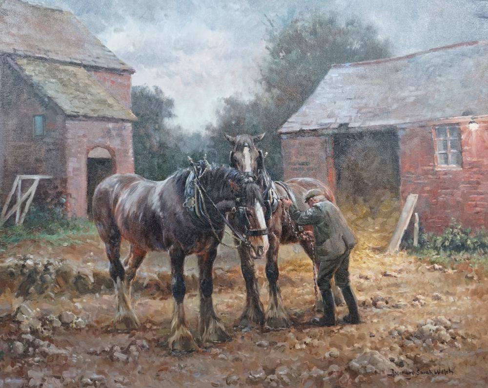 Rosemary Sarah Welch comparable auction result: rosemary sarah welch english 1946 harnessing the horses oil on canvas 60 x 75cm