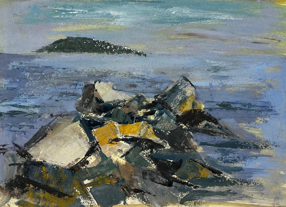 Victor De Carlo comparable auction result: victor de carlo 1916 1973 rocks at monhegan maine 1964 casein on paper 7 1 2 x 11 sight 13 1 4 x 16 1 4 mat