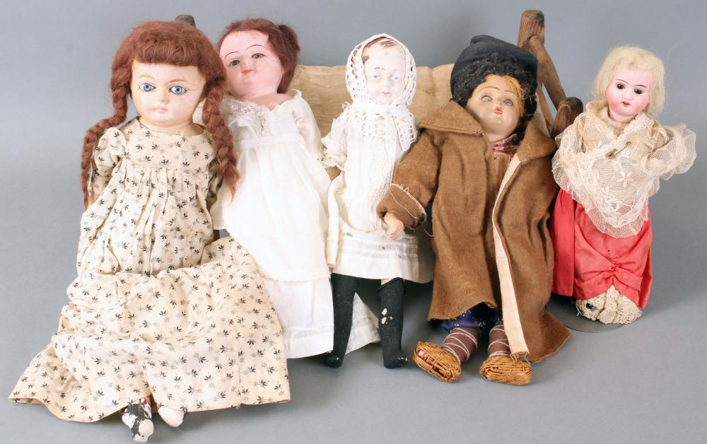Auction comp thumbnail for Dolls: boxed lot of (5) antique dolls & (1) primitive wooden doll bed: (1) DEP 9 ½” T bisque head with brown glass fixed eyes, open mouth, exposed teeth, jointed composition body, old clothing & original wig; various others- sizes, conditions and m (Roan Inc. Auctioneers & Appraisers, Lot 551)