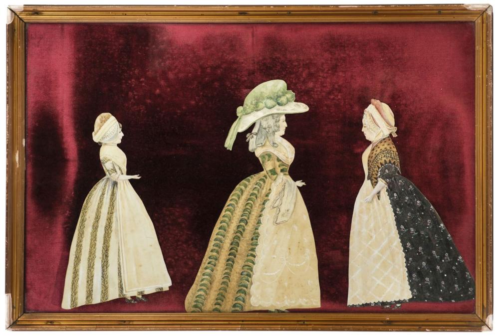 Cut-out Figures. Two framed painted cut-out portraits of 18th century ladies, circa 1785 sold by Dominic Winter Auctions, lot 727 — auction record photograph