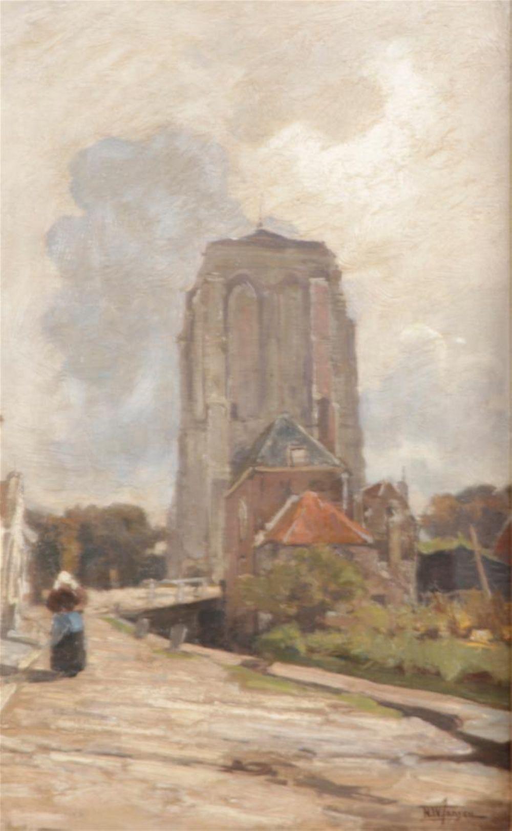 Hendrik Willebrord Jansen comparable auction result: hendrik willebrord jansen zeist 1855 1911 cityscape in holland with a stubby tower signed bottom left oil on canvas 62 x 40 cm