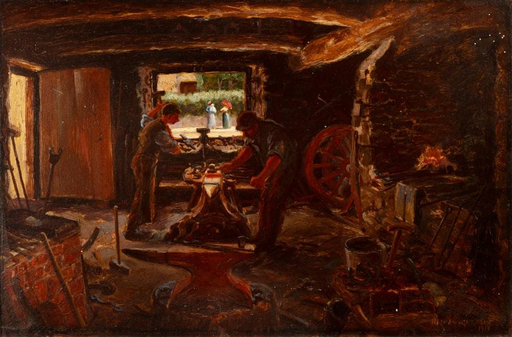 Norman Garstin comparable auction result: norman garstin 1847 1926 the workshop oil on board 23 x 34cm 9 x 13 signed and dated 1910 provenance nicholas gallery belfast label verso