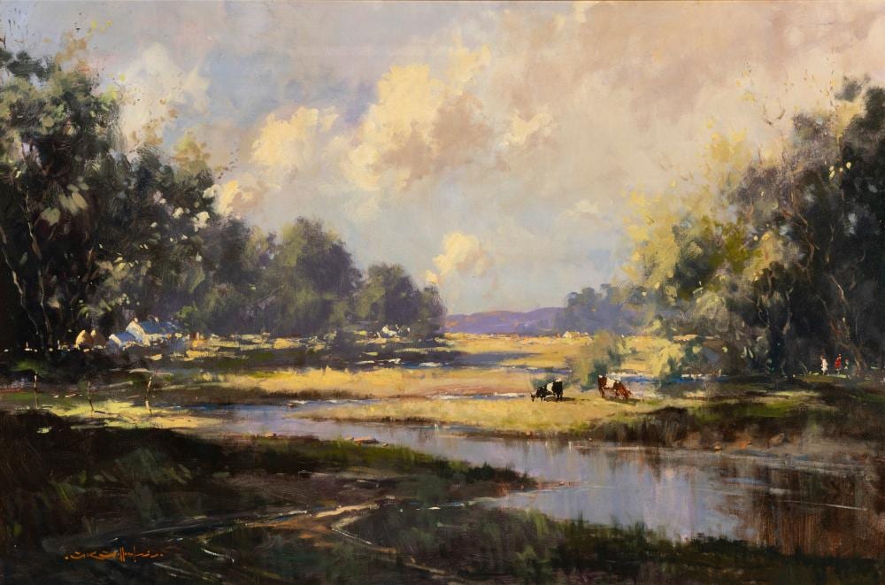 George K. Gillespie comparable auction result: george k gillespie 1924 1995 wooded river landscape with figures and cattle oil on canvas 61 x 91cm 24 x 36 signed