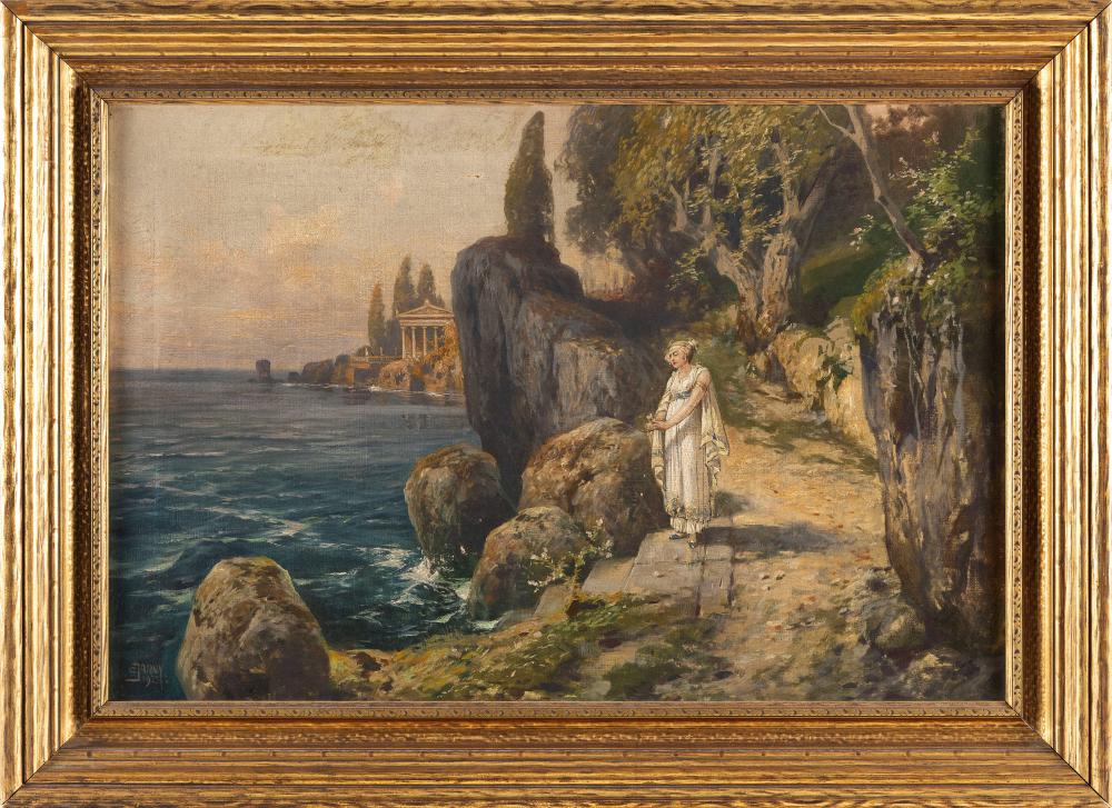 Georg Janny comparable auction result: georg janny austria 1864 1935 classical scene of a woman on a rocky coastline oil on canvas 18 x 27 framed 24 x 33