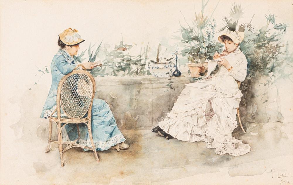 Tito Lessi comparable auction result: tito lessi firenze 1858 1917 paris two women in the garden