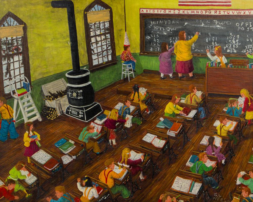 gerald lee nees american b 1938 good old school days oil on canvas board · Leonard Auction · 2024-03-24 Gerald Nees comparable auction result: gerald lee nees american b 1938 good old school days oil on canvas board