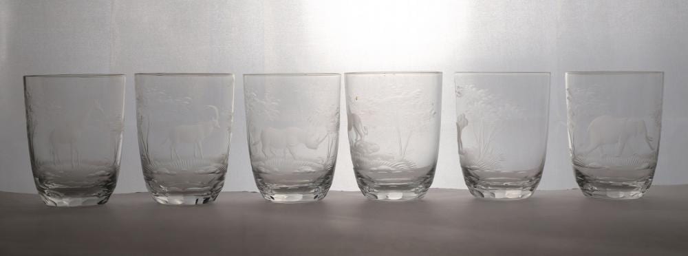Rowland Ward comparable auction result: a group of six rowland ward engraved safari glass tumblers