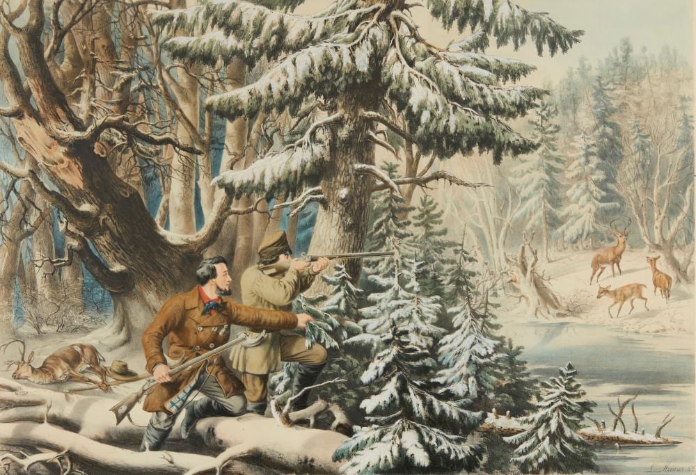 Louis Maurer comparable auction result: currier ives am winter sports deer shooting