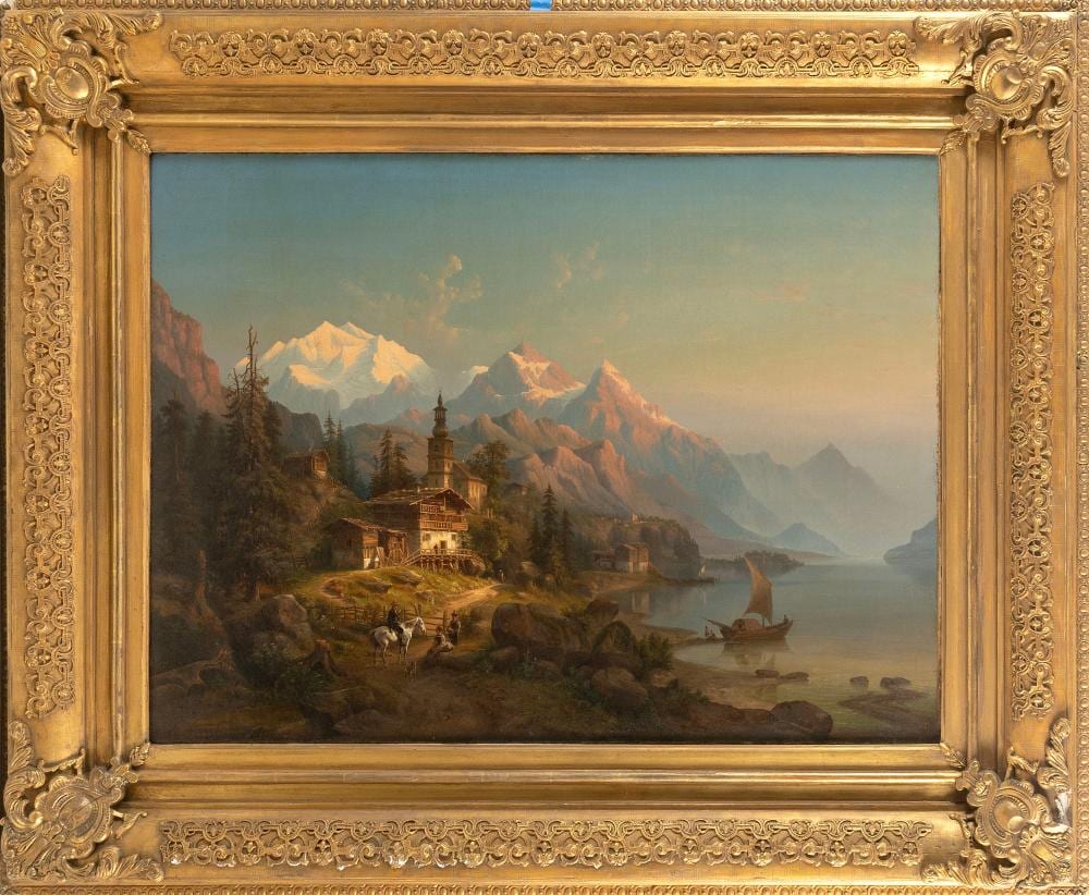 Henry Jaeckel comparable auction result: henry jaeckel switzerland germany c 1824 1876 mountainside village oil on canvas 28 x 38 framed 41 x 51