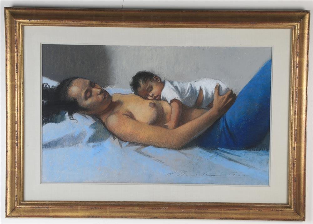 Harvey Dinnerstein comparable auction result: harvey dinnerstein american 1928 2022 mani and manisha 1986 pastel on board ink signed and dated lower right hand corner with