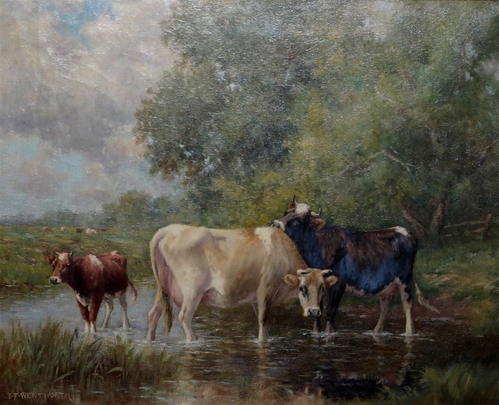 Daniel F. Wentworth comparable auction result: daniel f wentworth american 1850 1934 watering hole circa 1890 oil on canvas signed lower left hand corner framed