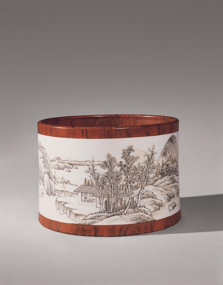 A Fine And Rare Faux-Bois Grisaille-Decorated BRUSHPOT MARK AND PERIOD OF YONGZHENG comparable sale