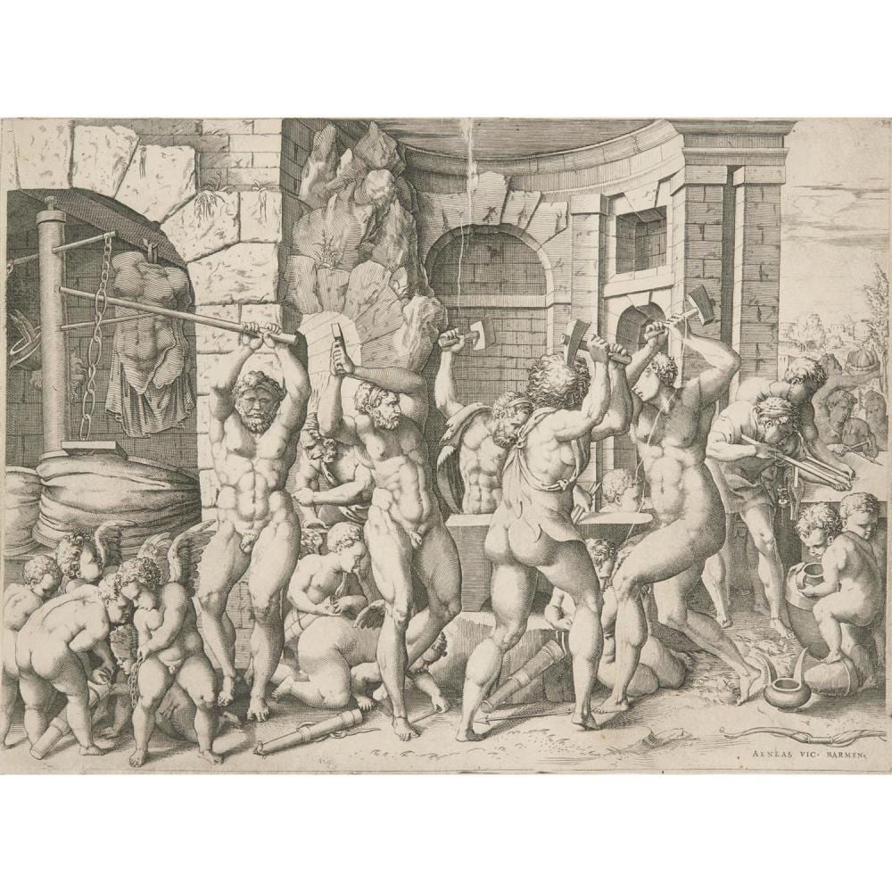 Enea Vico comparable auction result: enea vico italian 1523 1567 vulcan and the cyclops forging arrows for the cupids after francesco primaticcio c 1543 1545 engrav