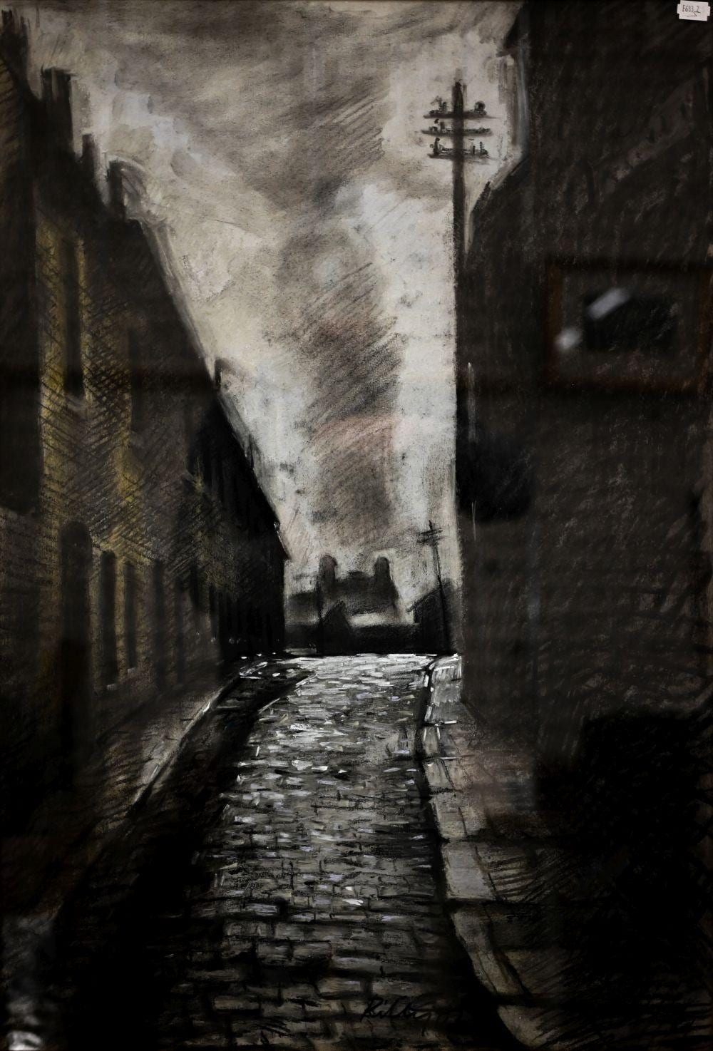 Harold Riley comparable auction result: harold riley 1934 2023 street scene charcoal pastel and bodycolour on paper signed and dated