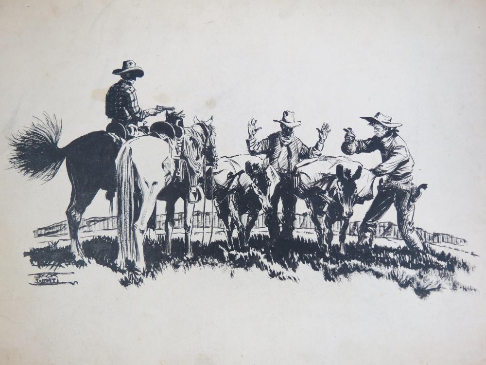 John "Jack" Lehti comparable auction result: john jack lehti drawing cowboy robbery scene