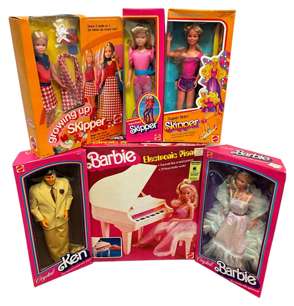 (6) Vintage Barbies including Electronic Piano sold by Apple Tree Auction Center, lot 2110 — auction record photograph