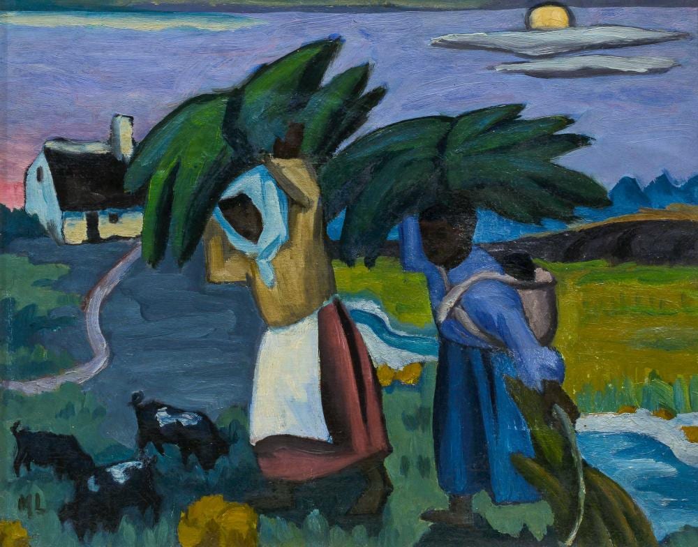 Maggie Laubser comparable auction result: maggie laubser sa 1886 1975 oil women carrying wood and a baby signed with initials dalene marais pp 201 provenance mrs m e cluver 39 x 49