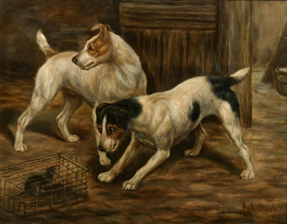 Edward Aistrop comparable auction result: edward aistrop active 1880 1920 a pair of oil on board scenes of terriers in a barn both signed each 9 5