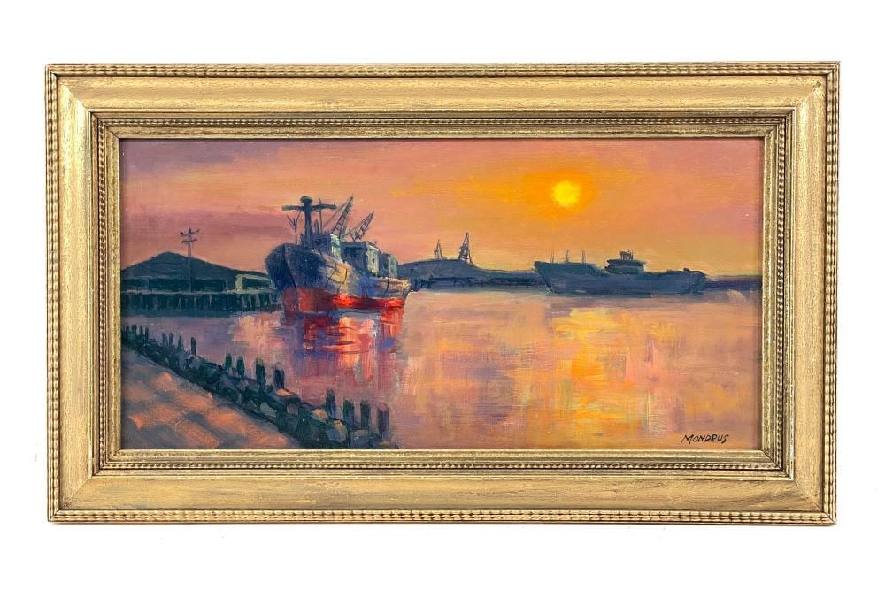 Martin Mondrus comparable auction result: martin mondrus twilight harbor scene oil on board