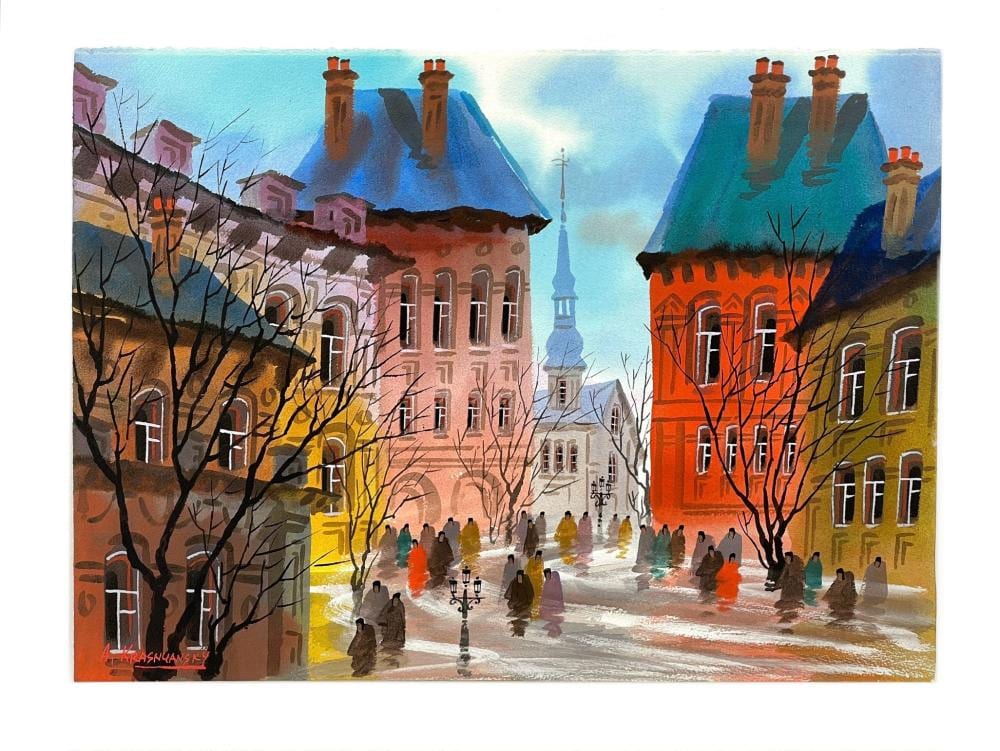 Colorful city street watercolor showing buildings, bare trees, pedestrians, and a church steeple in the distance.
