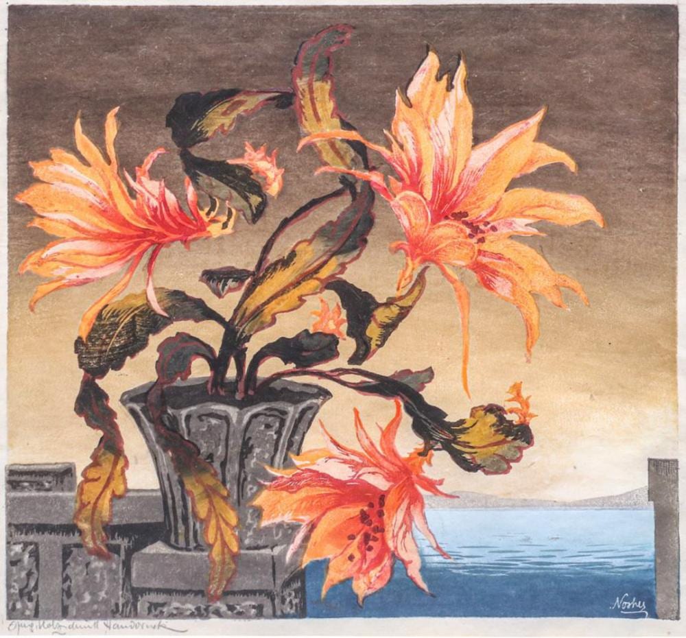 Hugo Noske comparable auction result: hugo noske austrian 1886 1960 color woodcut flowering potted cactus at lakeside c1920s 30s