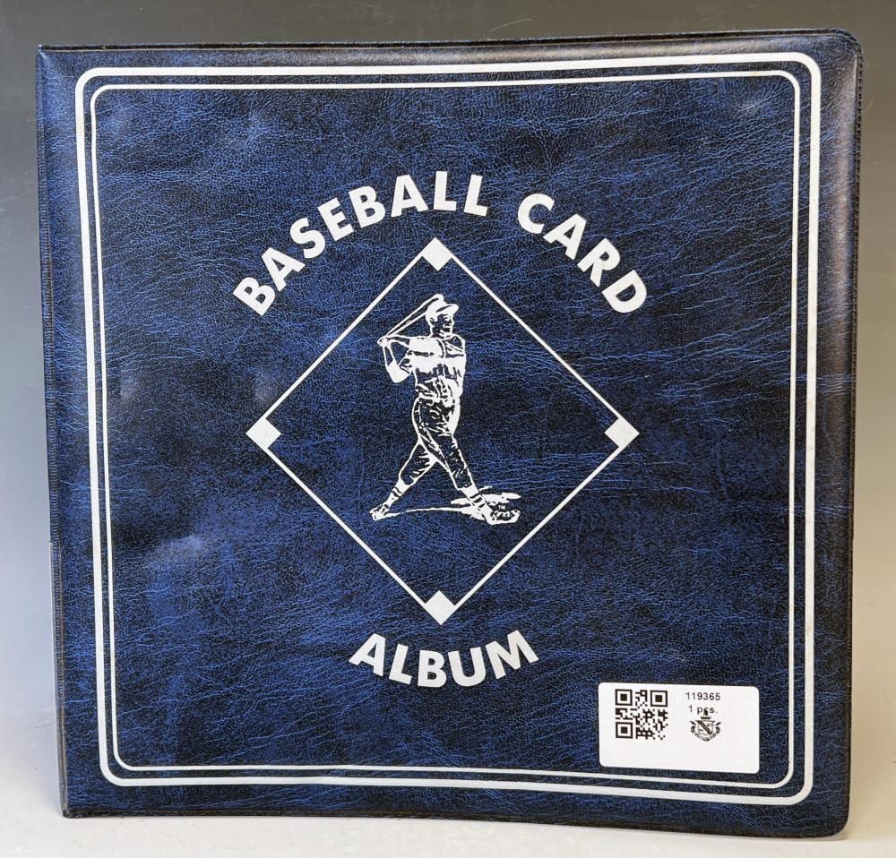 Blue baseball card album cover with “BASEBALL CARD ALBUM,” diamond logo, and a black-and-white baseball player graphic.