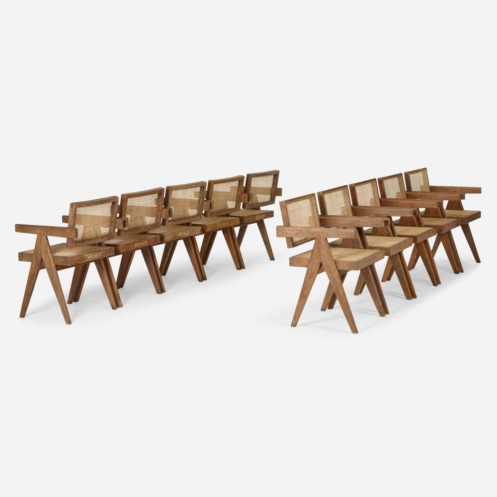 Pierre Jeanneret, Office Cane chairs from Chandigarh, set of ten sold by Wright, lot 204 — auction record photograph