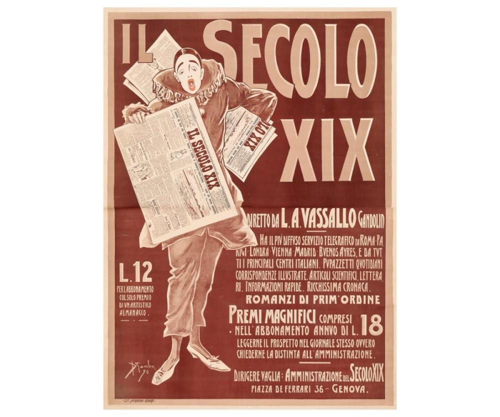 pipein gamba 1868 1954 il secolo xix diretto da l a vassallo gandolin 1898 · Aste Bolaffi · 2024-04-17 Giuseppe Garuti comparable auction result: pipein gamba 1868 1954 il secolo xix diretto da l a vassallo gandolin 1898