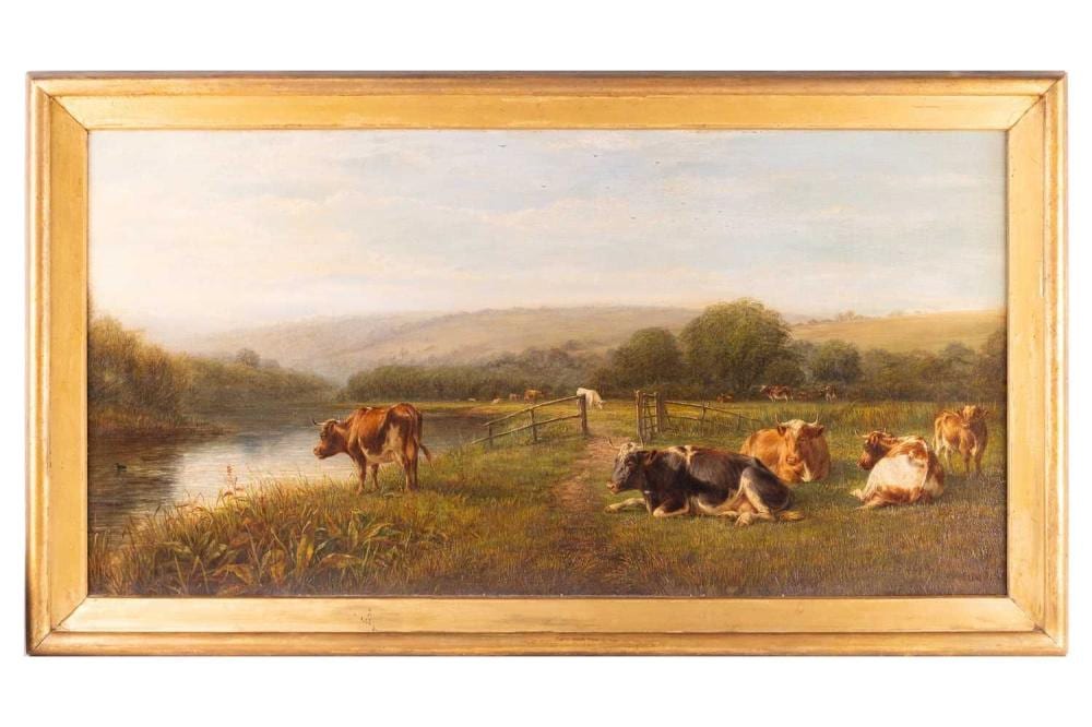 William Luker comparable auction result: william luker 1828 1905 landscape with cattle by a river signed indistinctly w luker lower right oil on board 52 x 102 cm framed 65 x 115 cm