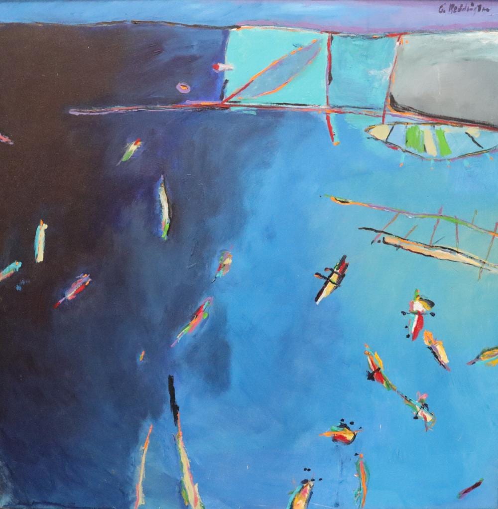 Charles Reddington comparable auction result: charles reddington usa aus 1929 2021 oil on canvas titled aquatic playground measures 92cm x 92cm signed upper right gallery details to verso