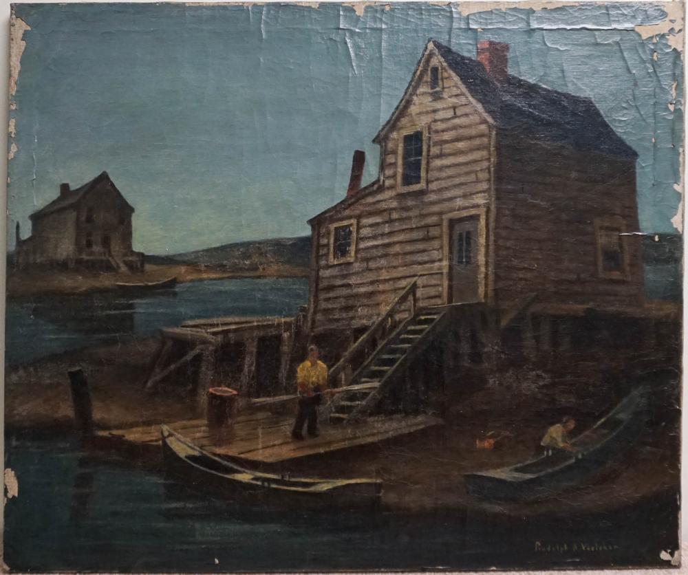 Rudolph A. Voelcker comparable auction result: rudolph a voelcker american 1873 1962 dock scene oil on canvas signed l r unframed 30 1 4 x 36 in 76 8 x 91 4 cm