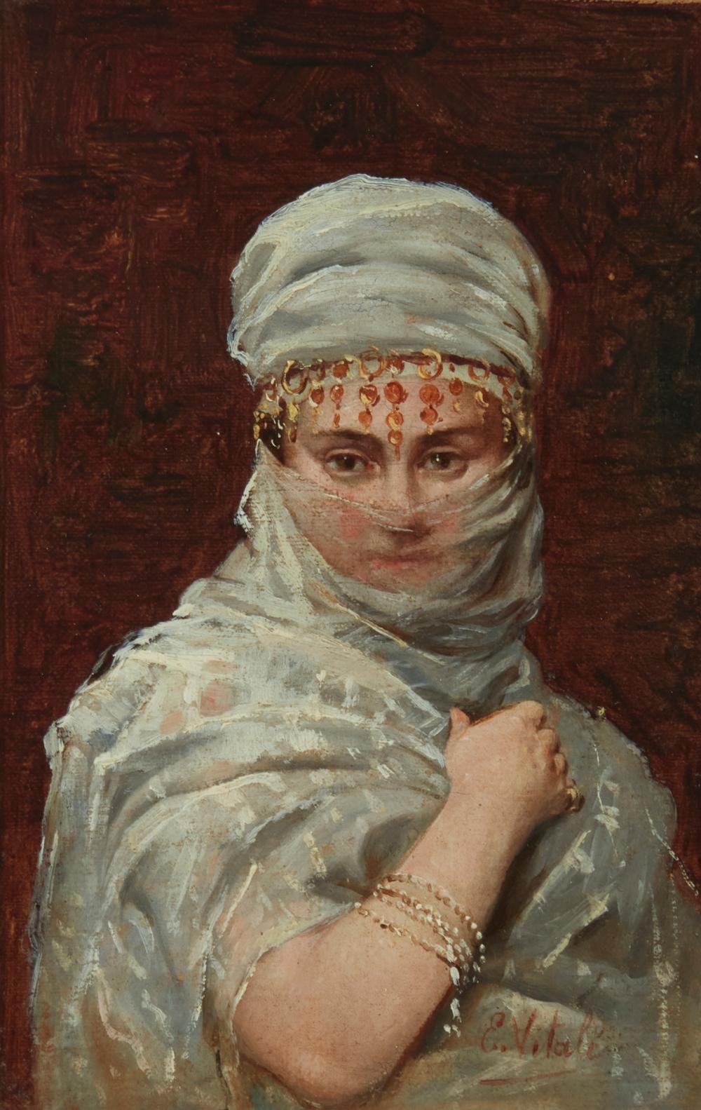 Edouardo Vitali comparable auction result: edouardo vitali 19th century portrait of a woman in white shawl and veil oil on canvas 7 h x 5 w
