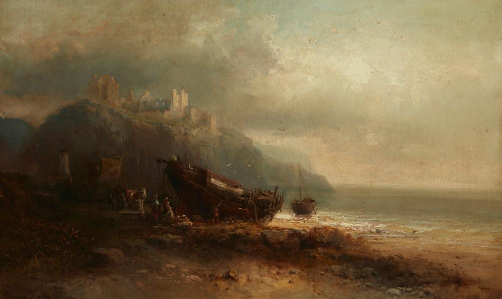 Franz Emil Krause comparable auction result: franz emil krause 1836 1900 salvaging the wreck on the foreshore below peel castle isle of man oil on canvas image 17 13 h x 27 48 w