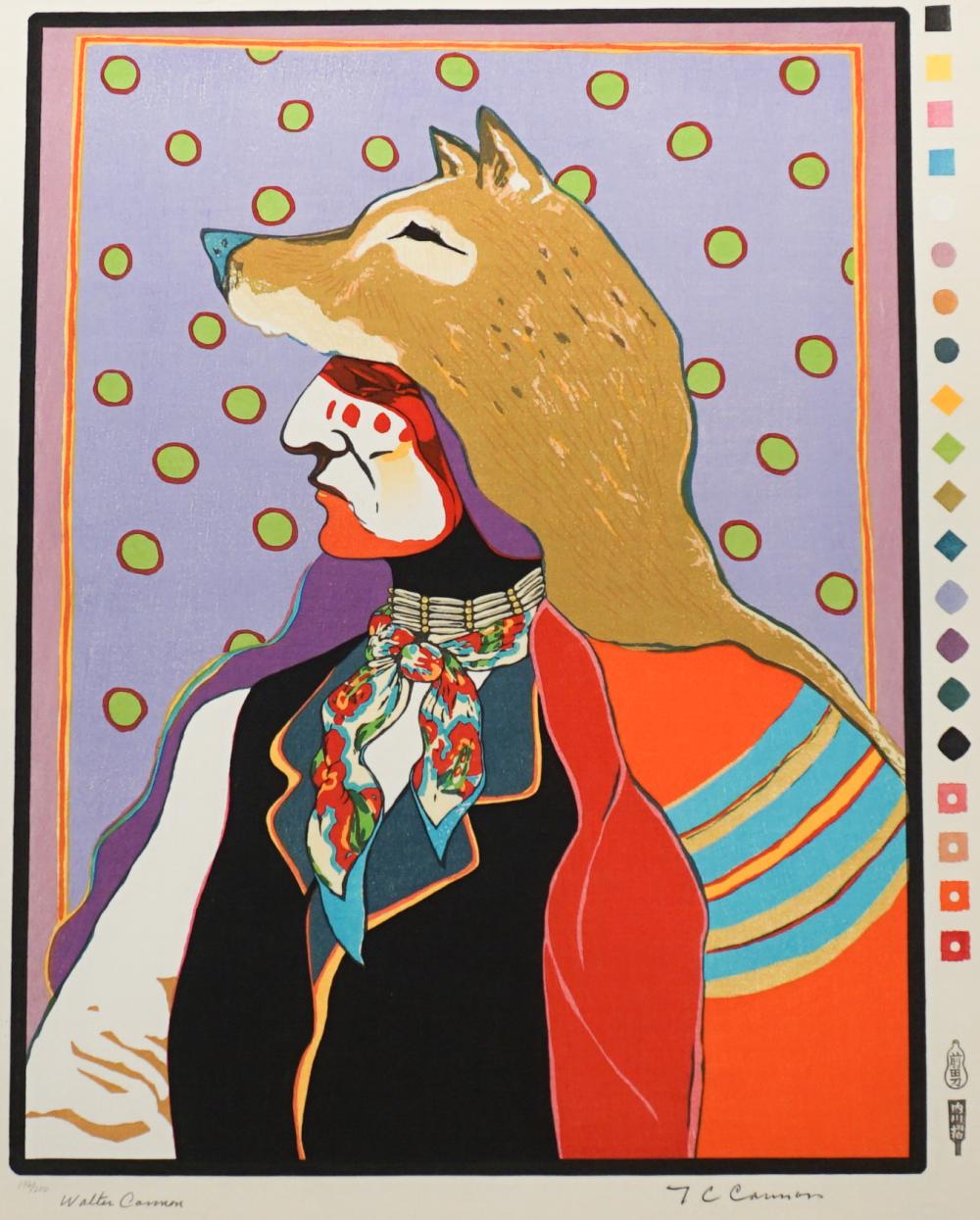 t c cannon kiowa caddo 1946 1978 his hair flows like a river woodblock in color on watermarked paper 1978 sheet size 635 x 508 mm 25 x 20 in · Weschler's · 2024-04-12 T. C. Cannon comparable auction result: t c cannon kiowa caddo 1946 1978 his hair flows like a river woodblock in color on watermarked paper 1978 sheet size 635 x 508 mm 25 x 20 in