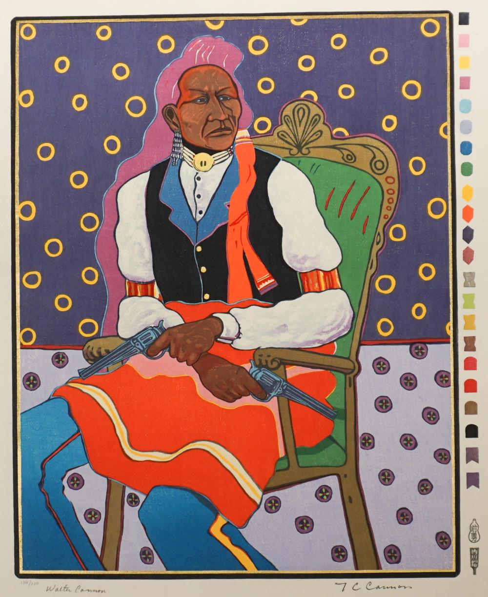 t c cannon american 1946 1978 two guns arikara woodblock in color on watermark circa 1975 unframed 648 x 508 mm 25 1 2 x 20 in · Weschler's · 2024-04-12 T. C. Cannon comparable auction result: t c cannon american 1946 1978 two guns arikara woodblock in color on watermark circa 1975 unframed 648 x 508 mm 25 1 2 x 20 in