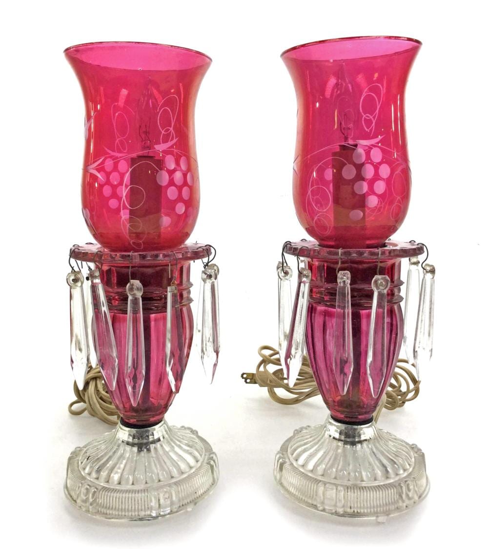 (2) Ruby Cut To Clear Electric Hurricane Lamps sold by EJ'S Auction & Appraisal, lot 2398 — auction record photograph