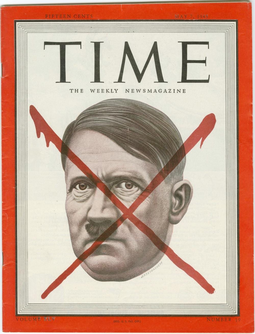 TI ME magazine cover with a stylized portrait of Adolf Hitler crossed by red diagonal X marks and a red border.