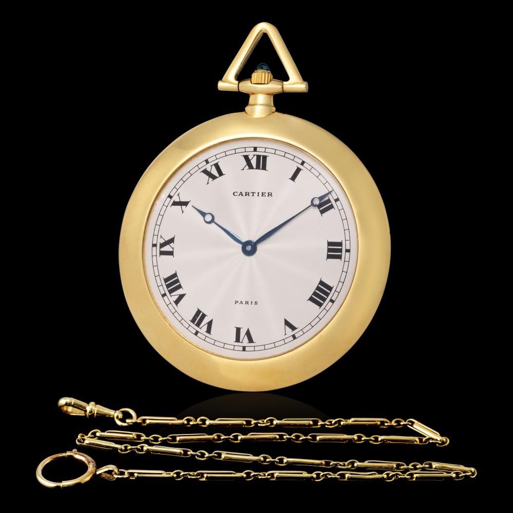Cartier. Special and Refined, Art Deco Engine-Turned Dial Pocket Watch in Yellow Gold, With Yellow Gold Cartier Chain sold by Monaco Legend Group, lot 6 — auction record photograph