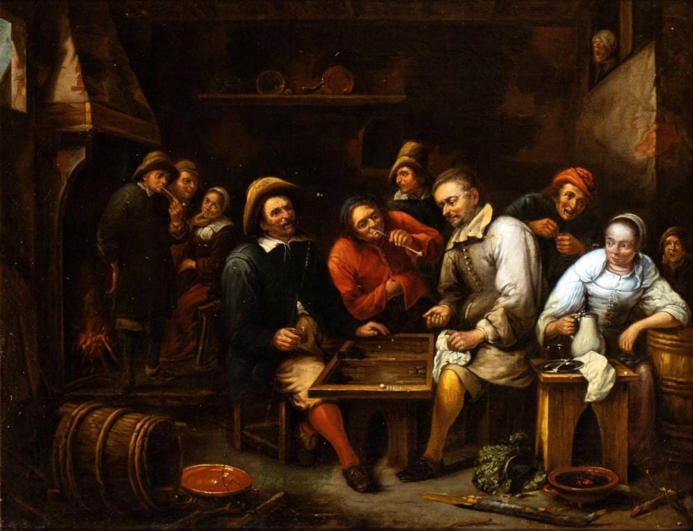 Gillis van Tilborgh comparable auction result: gillis van tilborgh attribuito a interior of tavern with backgammon player