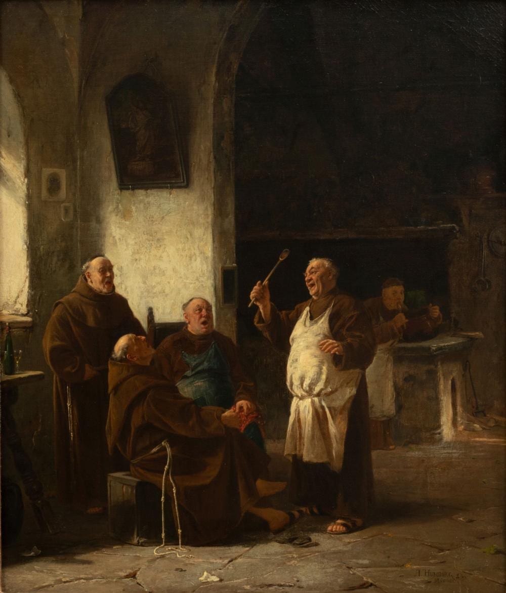 Adolf Humborg comparable auction result: adolf humborg austrian 1847 1921 oil on canvas 1883 close harmony in the cloister kitchen h 30 w 25