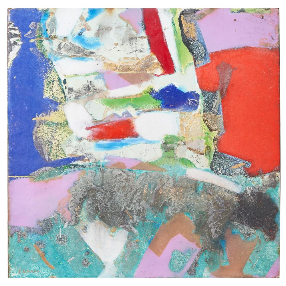 Colorful abstract artwork with layered geometric shapes in blue, red, green, and gray.