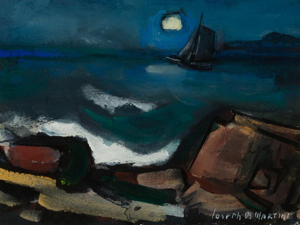 joseph de martini am 1896 1984 rocky shore c 1938 1939 gouache on paper framed under glass · Barridoff Auctions · 2024-04-13 Joseph De Martini comparable auction result: joseph de martini am 1896 1984 rocky shore c 1938 1939 gouache on paper framed under glass