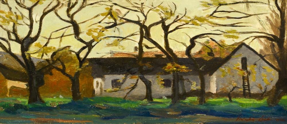Freida Lock comparable auction result: freida lock sa 1902 1962 oil farmhouse amongst trees signed dated 1938 22 x 32